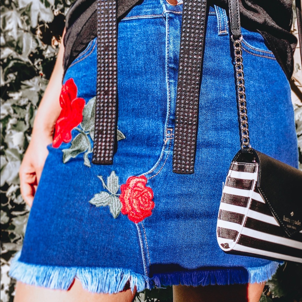 FashionNova Denim Mini Skirt with Rose Detail